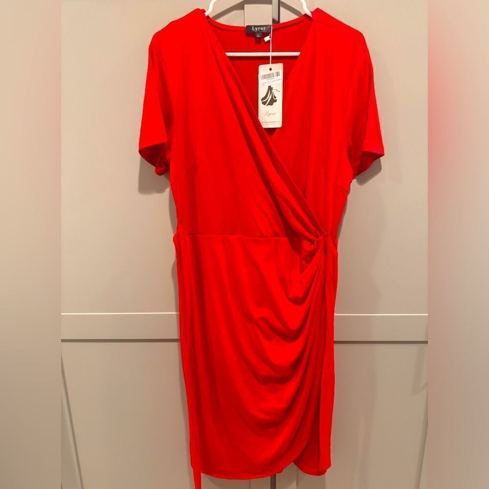 Very flattering red faux wrap red dress! Size xl